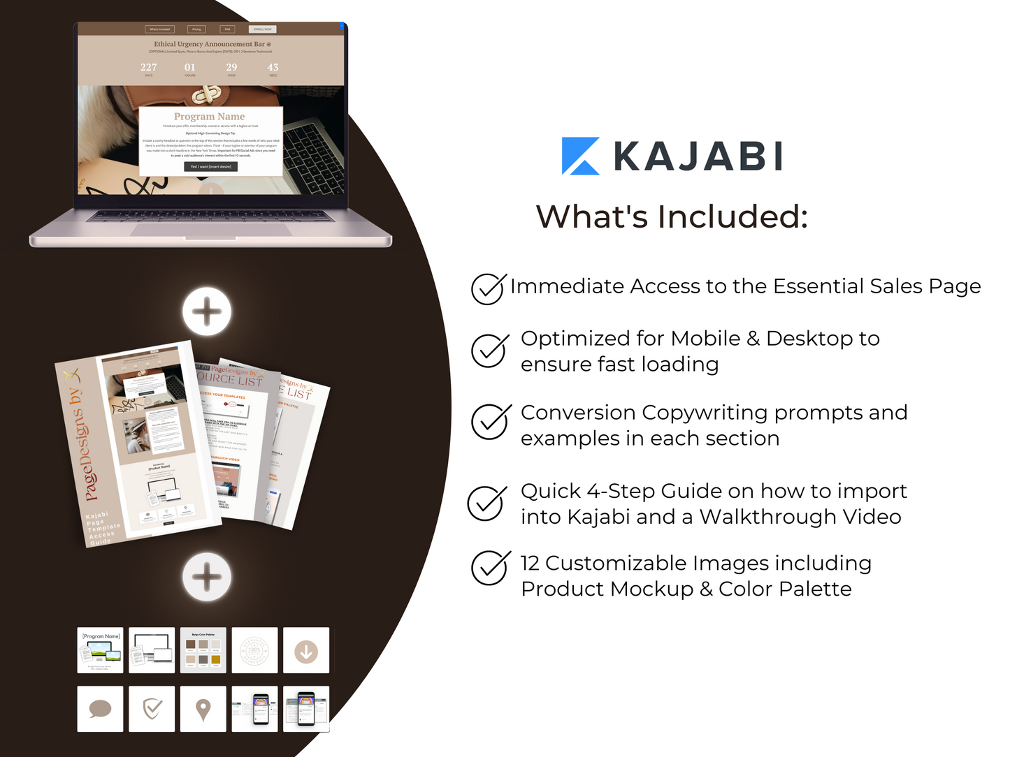 Kajabi promotional image listing features: immediate access to an essential sales page, mobile and desktop optimization, conversion copywriting prompts, and customizable product mockups. Includes a walkthrough guide.