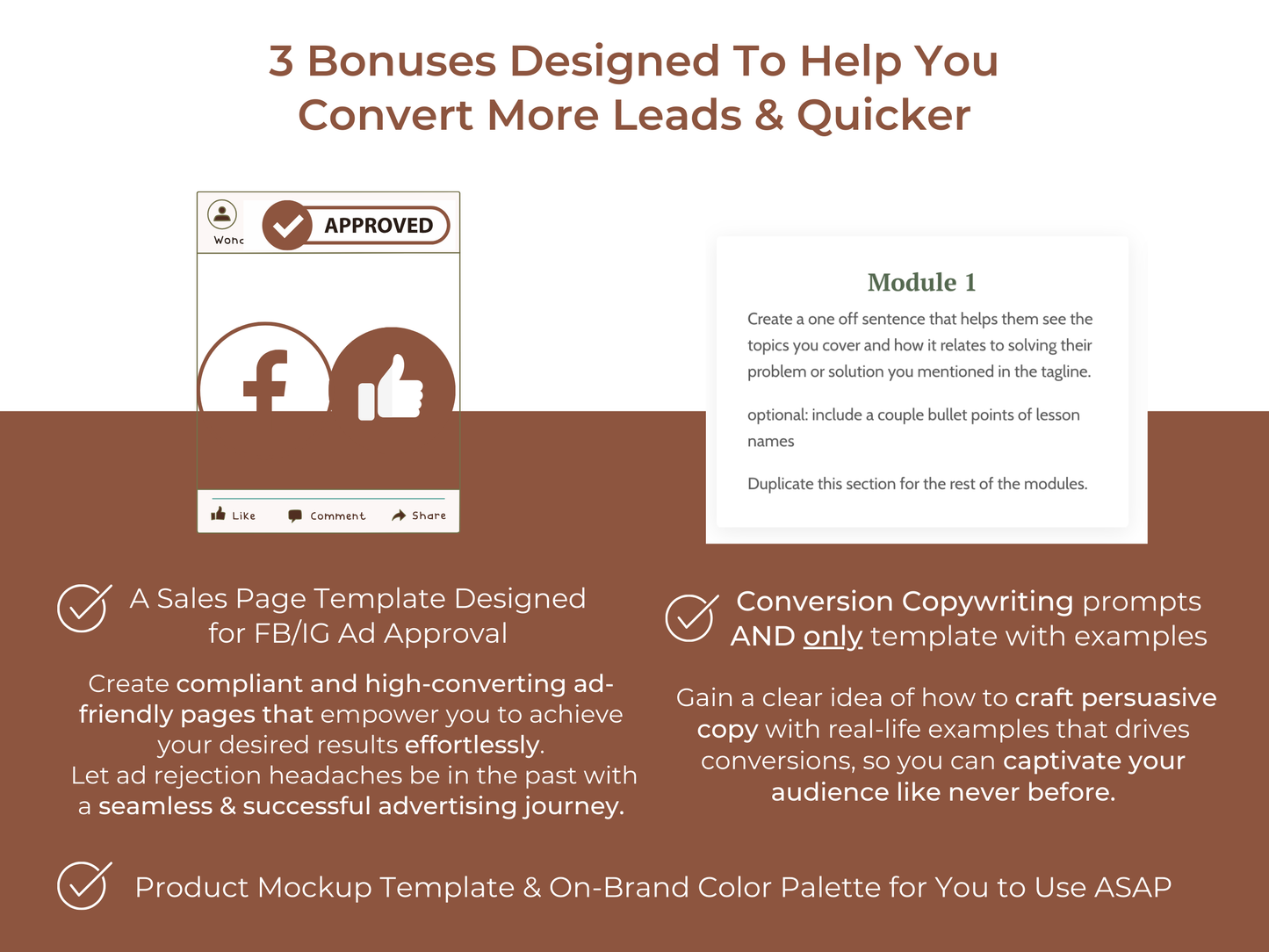 Content includes 'Module 1' with a guide for creating high-converting sentences, a checklist of features such as a sales page template designed for FB/IG ad approval, and product mockup templates. Highlights include crafting persuasive copy and a seamless advertising journey.