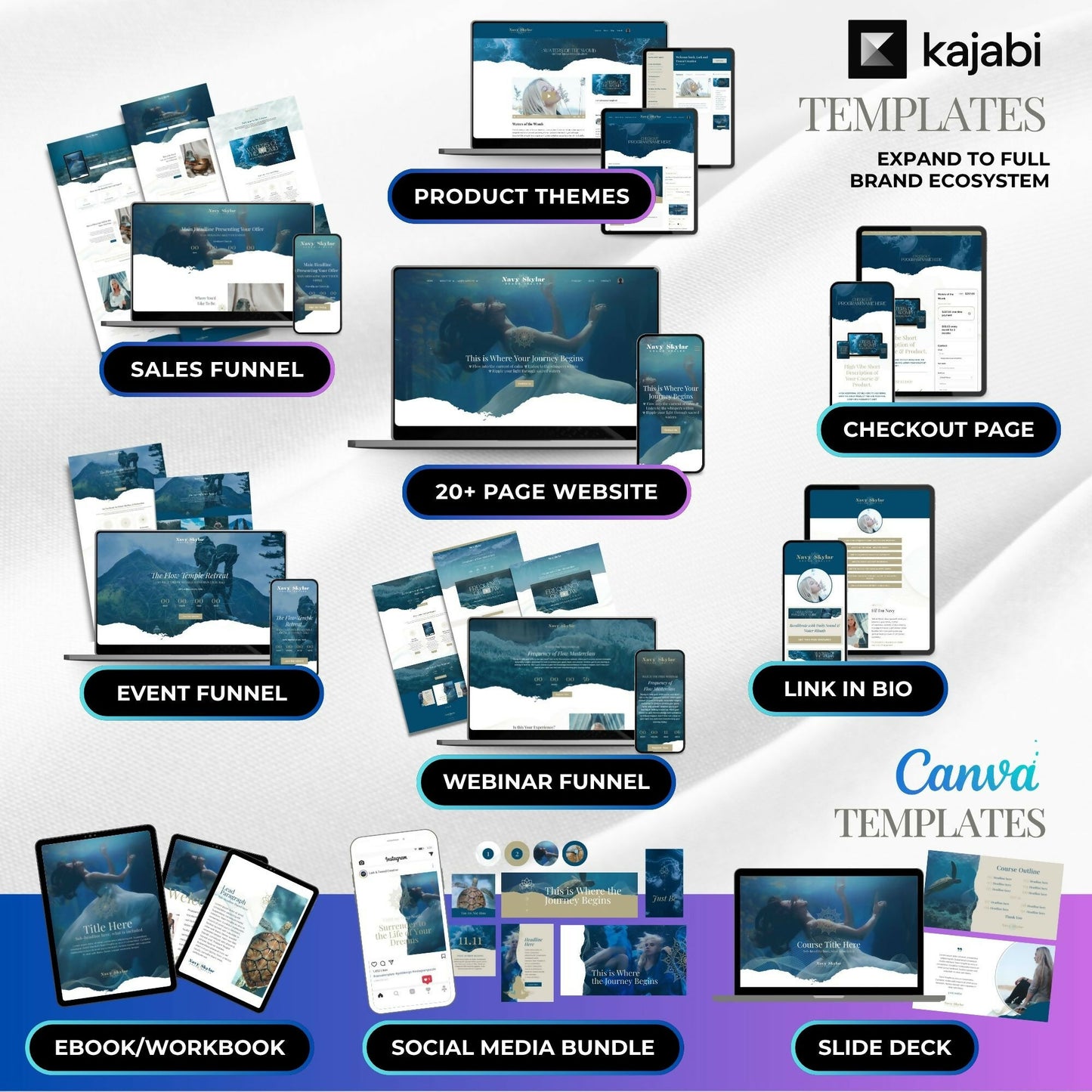 Navy WATER PORTAL - Freebie & Course Sales Funnel Bundle 6 Pages