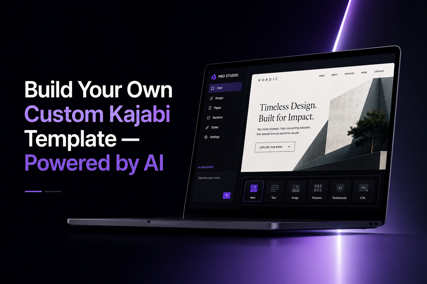 AI Kajabi template builder interface showing custom website design