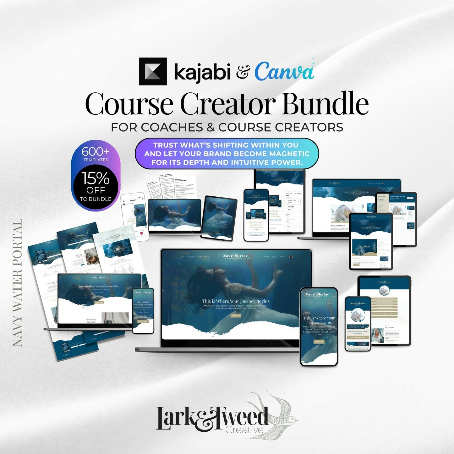 Navy WATER PORTAL - Website 20+ Pages, Sales Funnel, Link in Bio, Course & Coaching Theme, Checkout Page Bundle