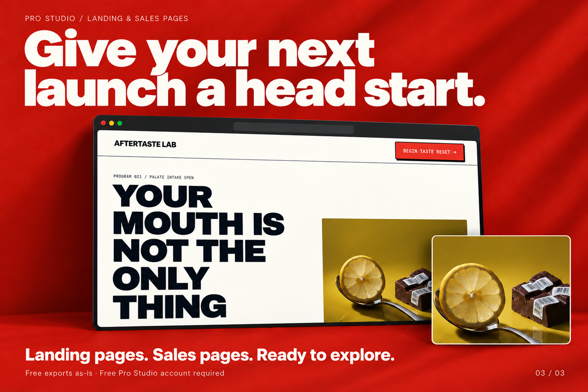 Give your next launch a head start: Aftertaste Lab sales-page template from Pro Studio. Free exports as-is; free Pro Studio account required.