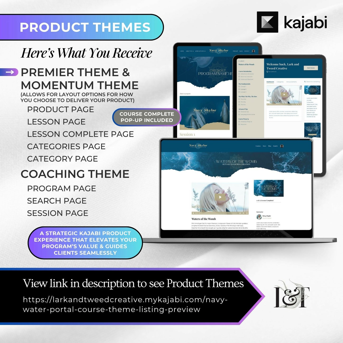 Navy WATER PORTAL - Website 20+ Pages, Sales Funnel, Link in Bio, Course & Coaching Theme, Checkout Page Bundle