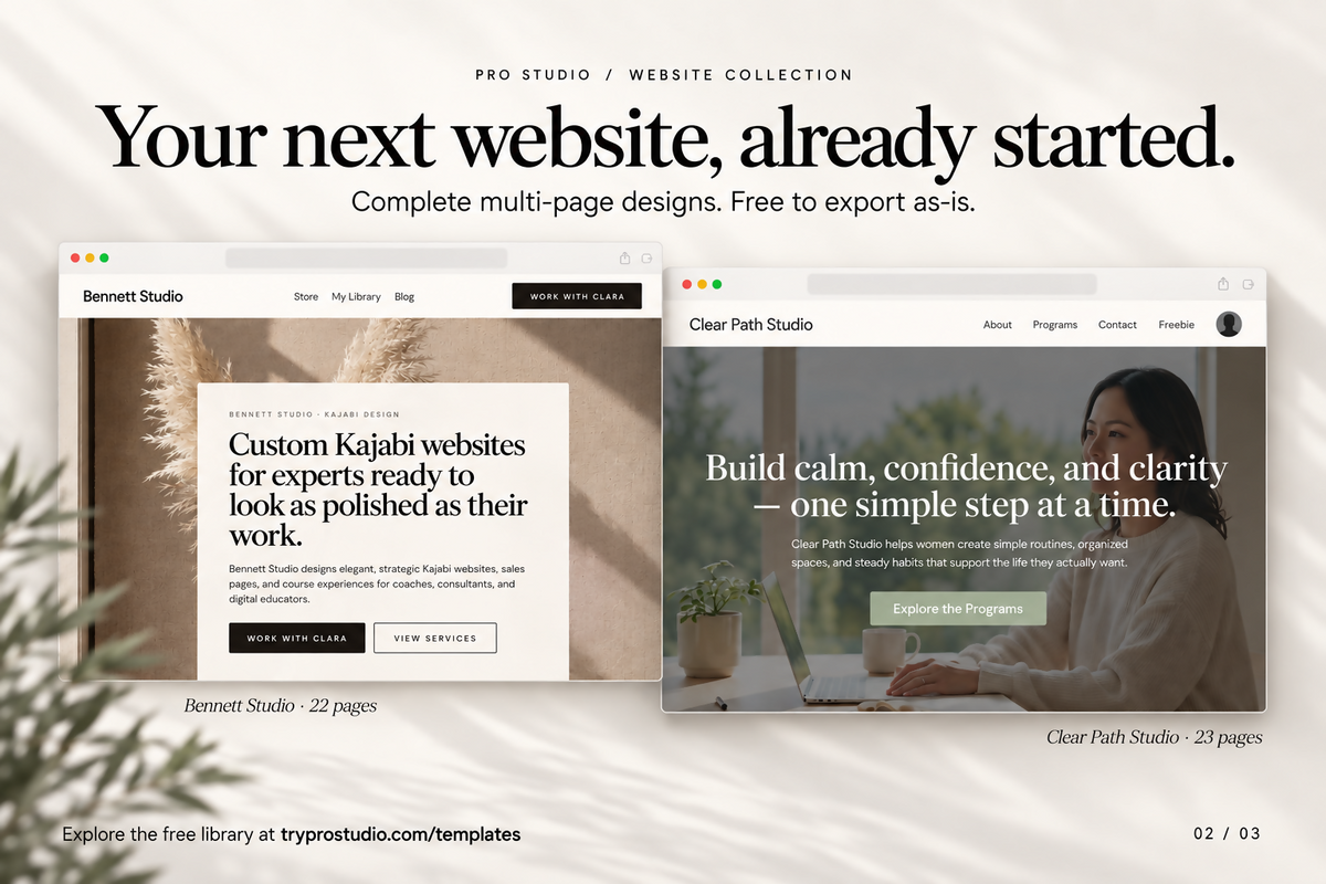 Your next website, already started: Bennett Studio 22-page website and Clear Path Studio 23-page website. Free to export as-is.