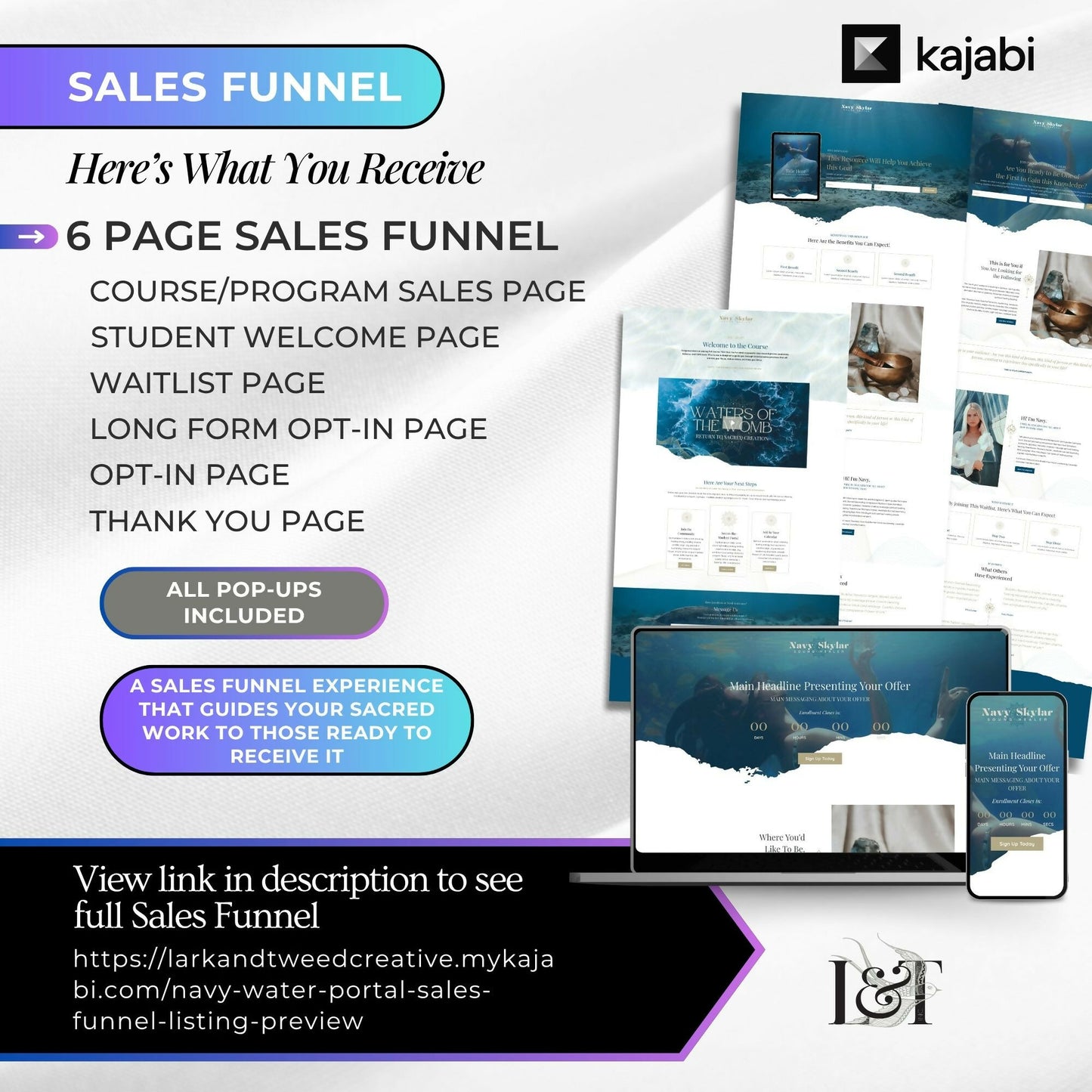 Navy WATER PORTAL - Website 20+ Pages, Sales Funnel, Link in Bio, Course & Coaching Theme, Checkout Page Bundle
