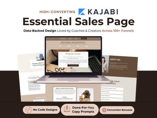 High-converting Kajabi sales page highlighting effortless setup, done-for-you copy prompts, and conversion bonuses. Emphasizes data-backed design trusted by creators across 100+ funnels