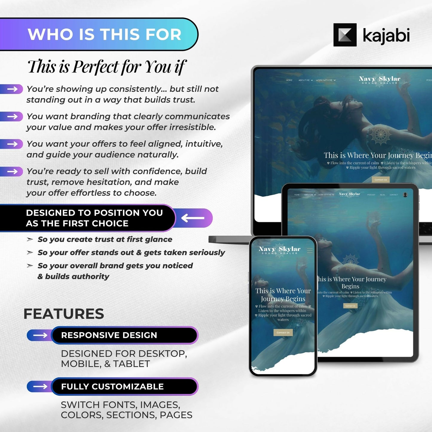 Navy WATER PORTAL - Website 20+ Pages, Sales Funnel, Link in Bio, Course & Coaching Theme, Checkout Page Bundle