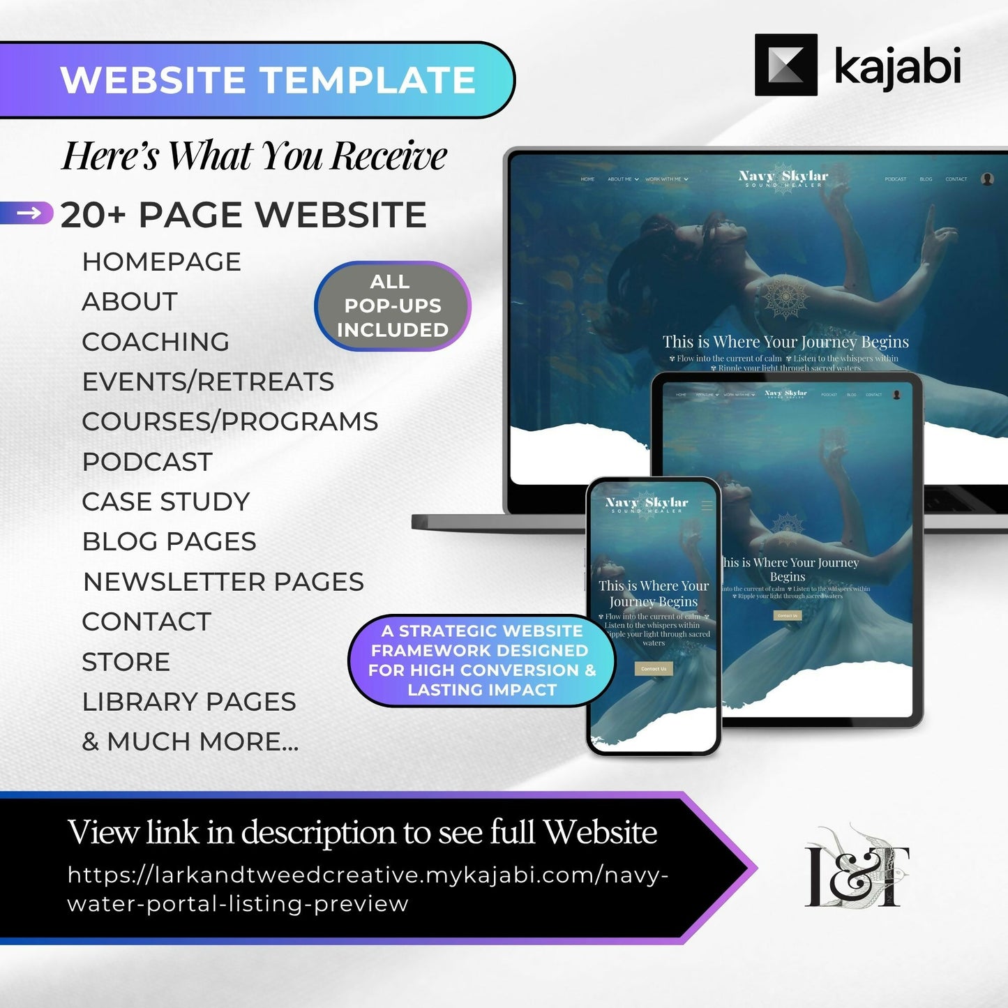 Navy WATER PORTAL - Website 20+ Pages, Sales Funnel, Link in Bio, Course & Coaching Theme, Checkout Page Bundle